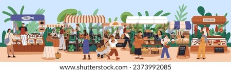 Farmers market place with local farm food. Customers and sellers, vendors behind stalls with fresh vegetables, meat, organic products. People at outdoor marketplace panorama. Flat vector illustration