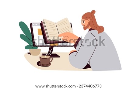 Reading e-book online in library. Man with electronic academic literature, ebook, digital information on web education site at computer. Flat graphic vector illustration isolated on white background