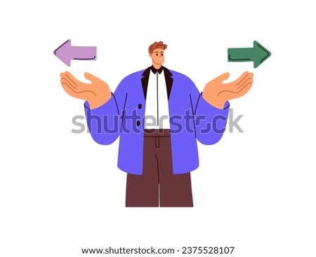 Choice and doubt concept. Business person with dilemma problem, making decision, choosing between two options, opposite ways, life directions. Flat vector illustration isolated on white background