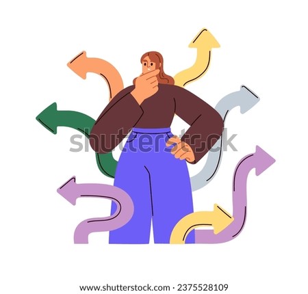 Choice concept. Person doubting in choosing path, way, making decision, solutions. Puzzled woman lost in many opportunities, arrow directions. Flat vector illustration isolated on white background