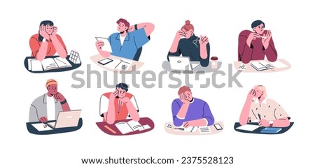 Tired sad people set. Exhausted office workers sitting at desks. Fatigue unhappy upset employees, students. Burnout and overwork concept. Flat graphic vector illustrations isolated on white background