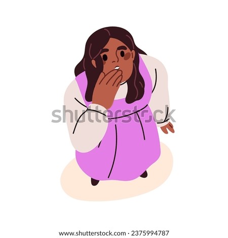 Shocked amazed woman looking up. Overhead, top down view on astonished fear emotions, female face. Surprised person covering mouth with palm. Flat vector illustration isolated on white background