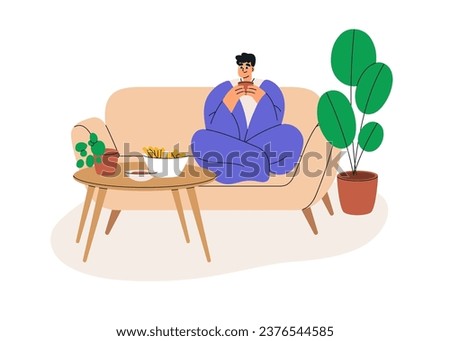 Happy person relaxing at home, sitting on sofa, warming with tea cup. Man resting on cozy couch, wrapped in blanket in cold weather in apartment. Flat vector illustration isolated on white background