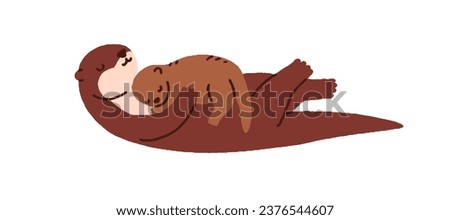 Cute otter mother and kid. Mom and child, wild forest animal family. Zoo mommy and little baby, funny adorable cub sleeping together. Flat vector illustration isolated on white background