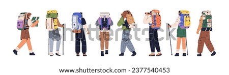 Hikers with hiking backpacks. People travel with adventure luggage on backs. Men, women tourists, backpackers stand, walk with luggage. Flat graphic vector illustrations isolated on white background