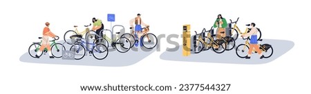 Parking lots with many bicycles. Rental bikes store area, place. People cyclists and eco city transport, sharing cycles station. Flat graphic vector illustrations isolated on white background