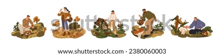 People picking mushrooms in autumn forest. Happy men, women finding fungi, collecting fungus to baskets, walking in wood in fall season. Flat graphic vector illustrations isolated on white background