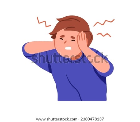 Sick kid suffering from headache. Ill child feeling unwell, dizzy, grabbing head from unbearable ache, pain. Dizziness, migraine, vertigo. Flat vector illustration isolated on white background