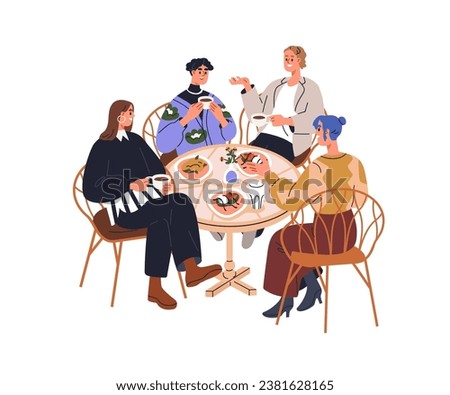 Happy friends gathering around table, eating lunch together, talking. People meeting for breakfast, chatting, discussing, drinking tea. Flat graphic vector illustration isolated on white background