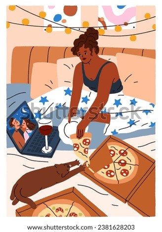 Girl watching movie on laptop, relaxing and eating pizza in bed. Black woman rests at home, watches series at weekend, holiday time, cozy evening with notebook, wine. Flat vector illustration