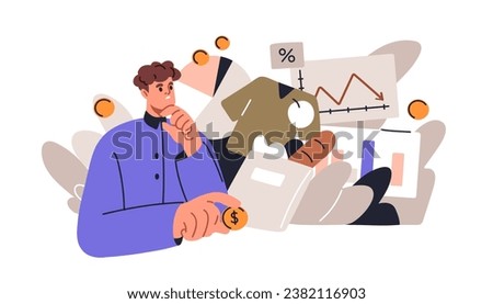 Expenses, spendings and lack of money concept. Man planning personal budget, paying for needs, managing costs, expenditures, spreading finances. Flat vector illustration isolated on white background