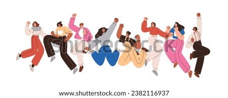 Happy people group celebrating holiday, success with fun and joy. Smiling characters team jumping up together. Victory and triumph expression. Flat vector illustration isolated on white background