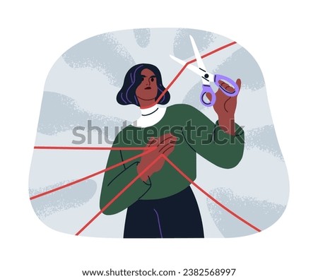 Release and free, psychology concept. Person cutting strings, ropes, connections off. Separation, freedom, breaking links, relationships. Flat graphic vector illustration isolated on white background