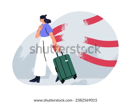 Person moving abroad, leaving, departing to another country. Woman breaking links, connections, ties during movement. Psychology concept. Flat graphic vector illustration isolated on white background