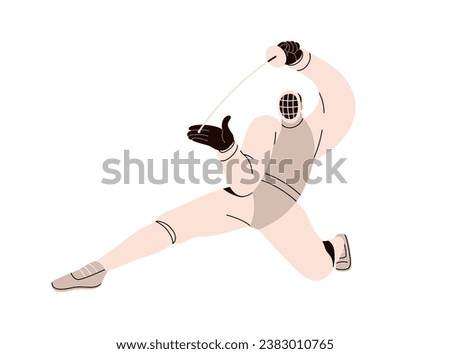 Fencing sport. Fencer standing with sword, attacking with rapier. Swordsman athlete in mask and professional outfit, holding epee in hand. Flat vector illustration isolated on white background