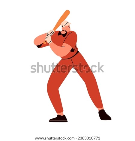 Baseball player holding bat. Batter, sport man playing. Hitter athlete hitting. Man slugger standing in pose for training base ball game. Flat vector illustration isolated on white background