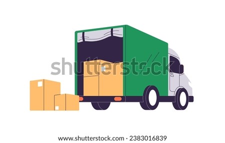Cargo truck with boxes inside. Freight delivery transport, lorry with open doors, cardboards, goods for shipment. Commercial consignment, supply. Flat vector illustration isolated on white background