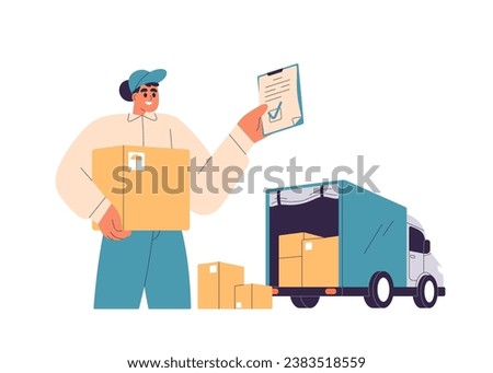 Loading delivery truck, checking cargo and transport document. Goods in box packages for supply, shipment. Freight transportation. Flat graphic vector illustration isolated on white background