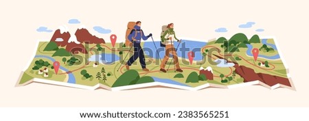 Hikers couple travel on map. Tiny tourists hiking, trekking in nature. People backpackers with backpacks walking outdoors. Holiday route, adventure, journey, tourism concept. Flat vector illustration.