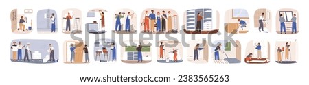 Workers repair home. Repairmen, builders team work in house. Installing window, door, building walls in apartment under renovation. Flat graphic vector illustrations set isolated on white background.
