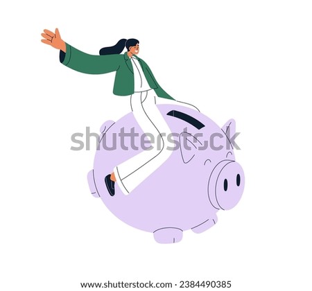 Saving money in piggy bank, box. Happy rich wealthy woman riding big piggybank, moneybox. Financial deposit, wealth, prosperity concept. Flat vector illustration isolated on white background