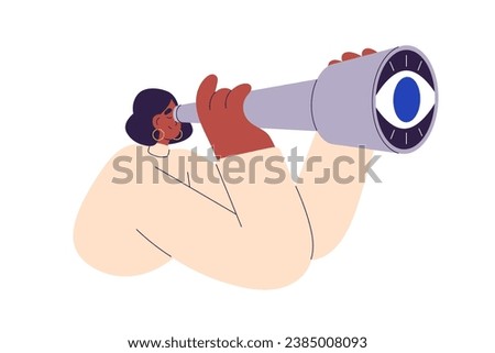 Searching, looking with spyglass. Exploring, finding future opportunities, goal, target, strategy. HR watching for employees, job, work. Flat vector illustration isolated on white background