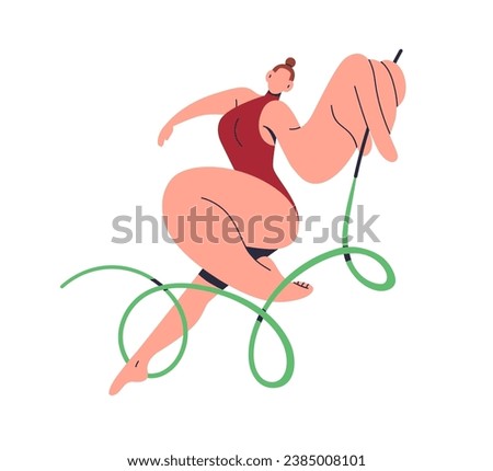 Woman gymnast with ribbon in hand. Rhythmic artistic gymnastics, sports activity. Professional girl athlete performing with tape, movement. Flat vector illustration isolated on white background