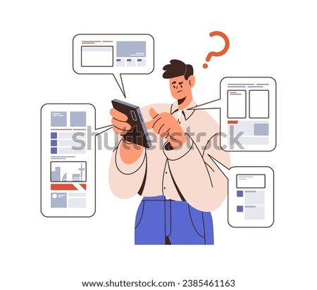 Reading bad news online on mobile phone. Puzzled person with smartphone, consuming information in internet, surfing social media, network. Flat graphic vector illustration isolated on white background