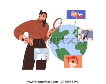 Studying, exploring world news, learning worldwide information, discovering different countries. International knowledge, geopolitical education. Flat vector illustration isolated on white background