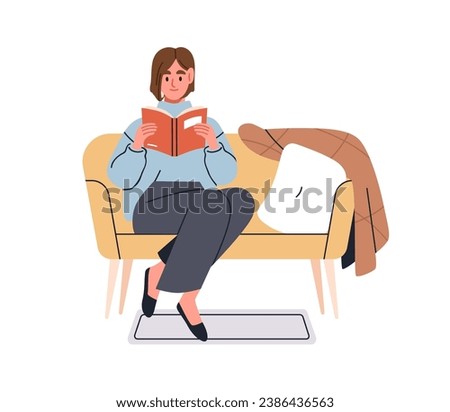 Woman reading book, sitting on sofa. Girl reader relaxing at home, resting with literature. Female on cozy couch, leisure time in apartment. Flat vector illustration isolated on white background