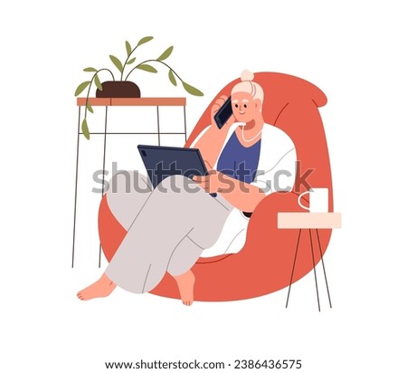 Business woman during remote online work from home. Businesswoman with tablet computer, talking, mobile phone call, sitting in cozy armchair. Flat vector illustration isolated on white background