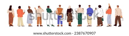 Business people set, rear back view. Professional men and women from behind, backside. Office workers, employees, managers standing, backview. Flat vector illustrations isolated on white background