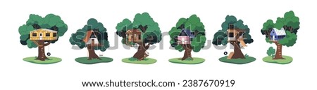 Wood tree houses set. Treehouses, summer homes in nature, outdoors. Wooden buildings with ladders, eco holiday shelters in leaf branches. Flat graphic vector illustrations isolated on white background