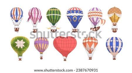 Hot air balloons set. Aerial baloon with basket in flight. Flying airballoons travel. Hotair transport floating. Aerostats for sky adventure. Flat vector illustration isolated on white background