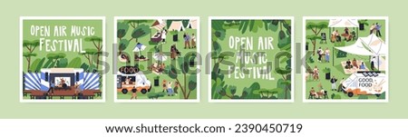 Open-air festival, outdoor summer concert, public picnic in park. Square card designs for food and music fest, vacation party, entertainment event in nature. Isolated flat vector illustrations set