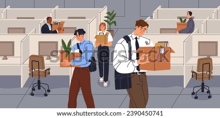 Layoff, staff reduction and dismissal concept. Fired dismissed redundant employees, office workers leaving company, workplace. Personnel redundancy, downsizing, team cuts. Flat vector illustration