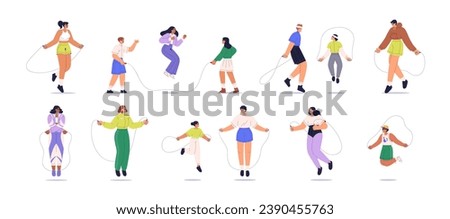 Characters jumping with skipping rope set. Cardio workout, kids game. Happy people doing aerobic exercise, sports activity. Hops training. Flat vector illustrations isolated on white background