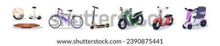 Electric transport types set. Eco urban vehicles. Kick scooter, bicycle, bike, motorbike, board and mono-wheel. Modern ecological green EVs. Flat vector illustrations isolated on white background
