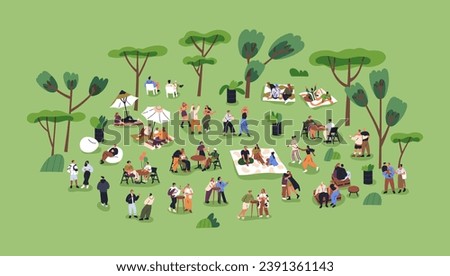 Characters relaxing in park on summer holiday. Tiny people resting at open-air festival in nature, meeting, gathering outside. Outdoor relaxation, picnic, weekend leisure. Flat vector illustration