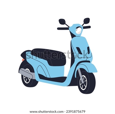 Electric scooter, moped. EV, eco transport. Empty motor bike, motorcycle. Modern urban motorbike, e-vehicle. Flat vector illustration isolated on white background
