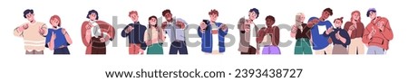 Happy people pointing, showing at you, gesturing with fingers. Smiling excited positive characters choosing, hiring, recruiting, wanting. Flat vector illustrations set isolated on white background