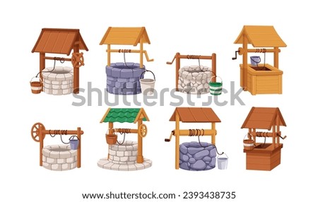 Water wells with buckets on ropes set. Old ancient sources from wood planks, stone, rocks. Traditional countryside structures for deep springs. Flat vector illustrations isolated on white background