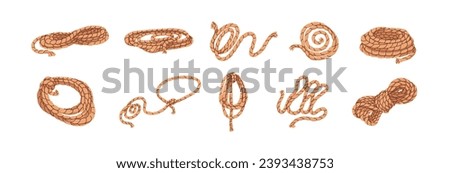 Ropes, lasso strings set. Jute and hemp cords, loops, tied knots and noose. Twisted curved brown coil, cordage, thick natural threads. Flat graphic vector illustrations isolated on white background