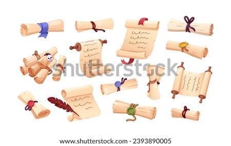 Old paper scrolls set. Magic sacred manuscripts, ancient paper rolls, sheets. Ancient antique papyrus with text and seal, tied with rope. Flat graphic vector illustrations isolated on white background