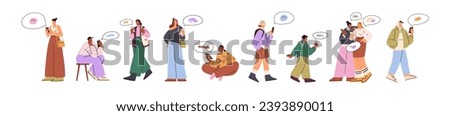 Characters using mobile phones set. People holding smartphones in hands, texting, messaging on the go. Men, women, kids use cellphones. Flat graphic vector illustrations isolated on white background