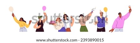 Happy characters celebrating birthday set. Smiling excited people, men and women holding baloons, party cake, festive cracker, wineglass in hand. Flat vector illustrations isolated on white background