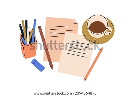 Coffee cup, paper sheets with records, notes, top view. Writing letter, pens, pencils and tea. Americano and documents, creative workplace. Flat vector illustration isolated on white background.