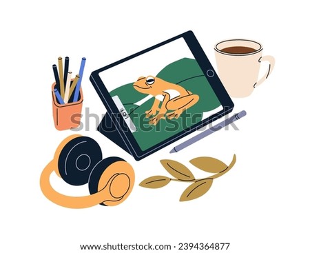 Digital illustration on electronic tablet PC. Creative workplace with drawing pad and picture on screen, stylus pen, tea mug and headphones. Flat vector illustration isolated on white background