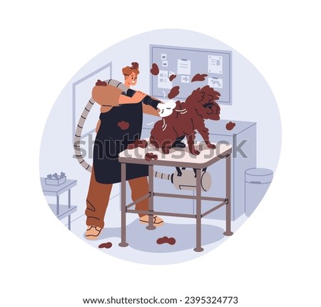 Grooming dog in canine beauty salon. Express shedding, molting with vacuum blow dryer. Groomer removing doggies fur, hair, shaggy coat. Flat graphic vector illustration isolated on white background