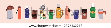 Thermo mugs, thermoses set. Tumblers, thermal cups for hot drinks. Vacuum insulated thermic bottles, travel flasks with lids. Termo containers for warm beverages. Isolated flat vector illustration